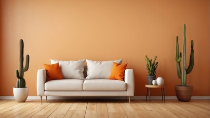 Interior home of living room with white sofa and cactus plant on orange wall copy space, parquet floor