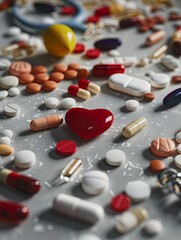 Poster - A close-up view of various heart medications, including pills, capsules, and a heart rate monitor, arranged on a clean surface. Generative AI