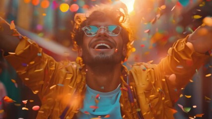 Wall Mural - A man in a yellow jacket is smiling and surrounded by colorful confetti. Concept of joy and celebration, as the man is happy and enjoying the moment. The confetti adds to the festive atmosphere