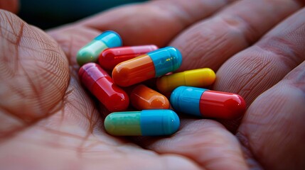 Poster - A close-up shot of a hand holding colorful pills, with the background softly blurred. Generative AI