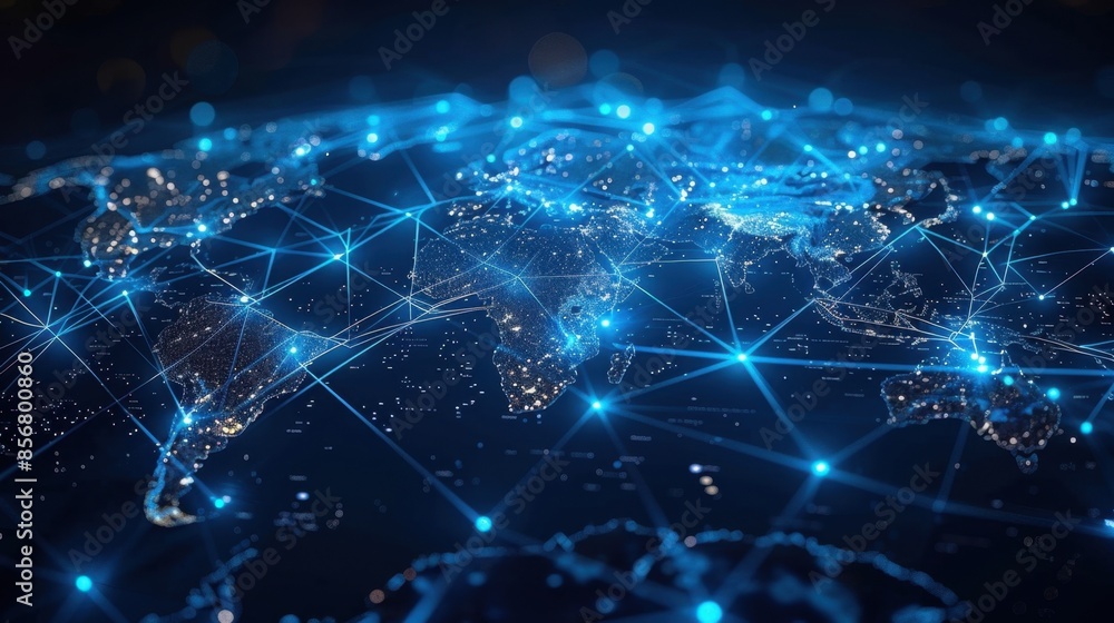 In a modern digital style, a world map illuminates with glowing points ...