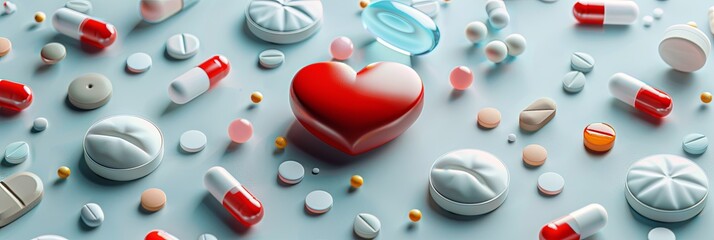 Poster - A close-up image of various heart medications, including pills, capsules, and a heart rate monitor, arranged on a clean, simple surface. Generative AI