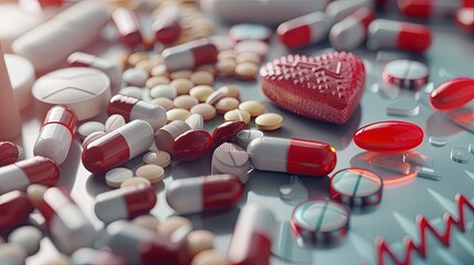 Poster - A close-up image showing various heart medications, including pills, capsules, and a heart rate monitor, arranged on a clean, clinical surface. Generative AI