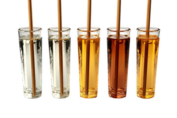 Five Clear Glass Tumblers With Wooden Stirrers Holding Different Colors of Liquid on a Clear PNG or White Background.