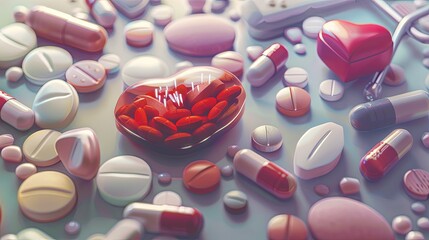 Poster - Different heart meds, pills, capsules, and a heart rate monitor showcased on a clean surface stress the vital role of medication in managing heart disease. Generative AI