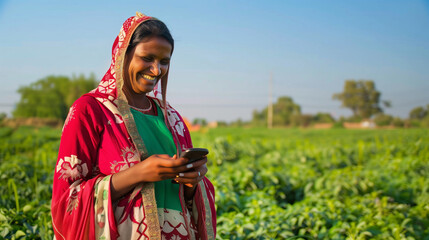 Canvas Print - Indian female woman farmer in traditional attire, holding a smarphone