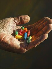 Poster - A close-up photograph captures the moment a hand gently holds a collection of colorful pills, with a soft, blurred background. Generative AI