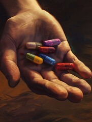 Poster - A close-up shot of a hand holding several colorful pills, the background blurred to focus on the hand and pills. Generative AI