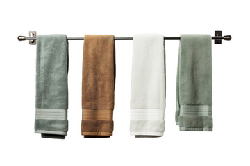 A Freshly Laundered Quartet of Towels Hangs on a Black Towel Bar on a Clear PNG or White Background.