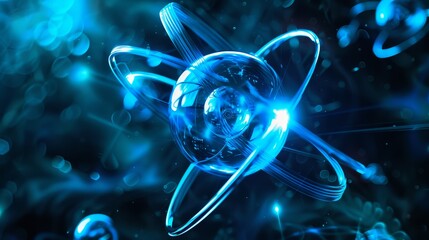 Abstract blue atom model with glowing core - Detailed 3D illustration of an atom with glowing nucleus and orbiting electrons on a dark blue background