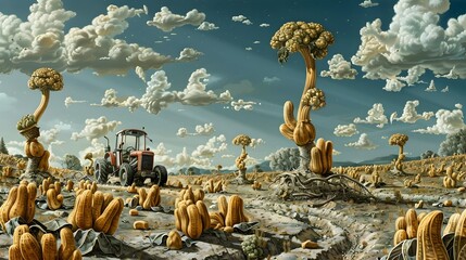 surreal celestial cashew field with tractor in dreamlike landscape