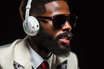 Wall Mural - A man wearing a suit and sunglasses and headphones is singing