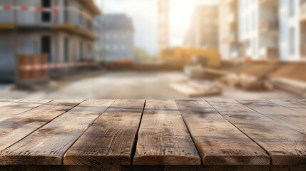 Wall Mural - a close up of a rustic empty wooden table with blurred construction site background