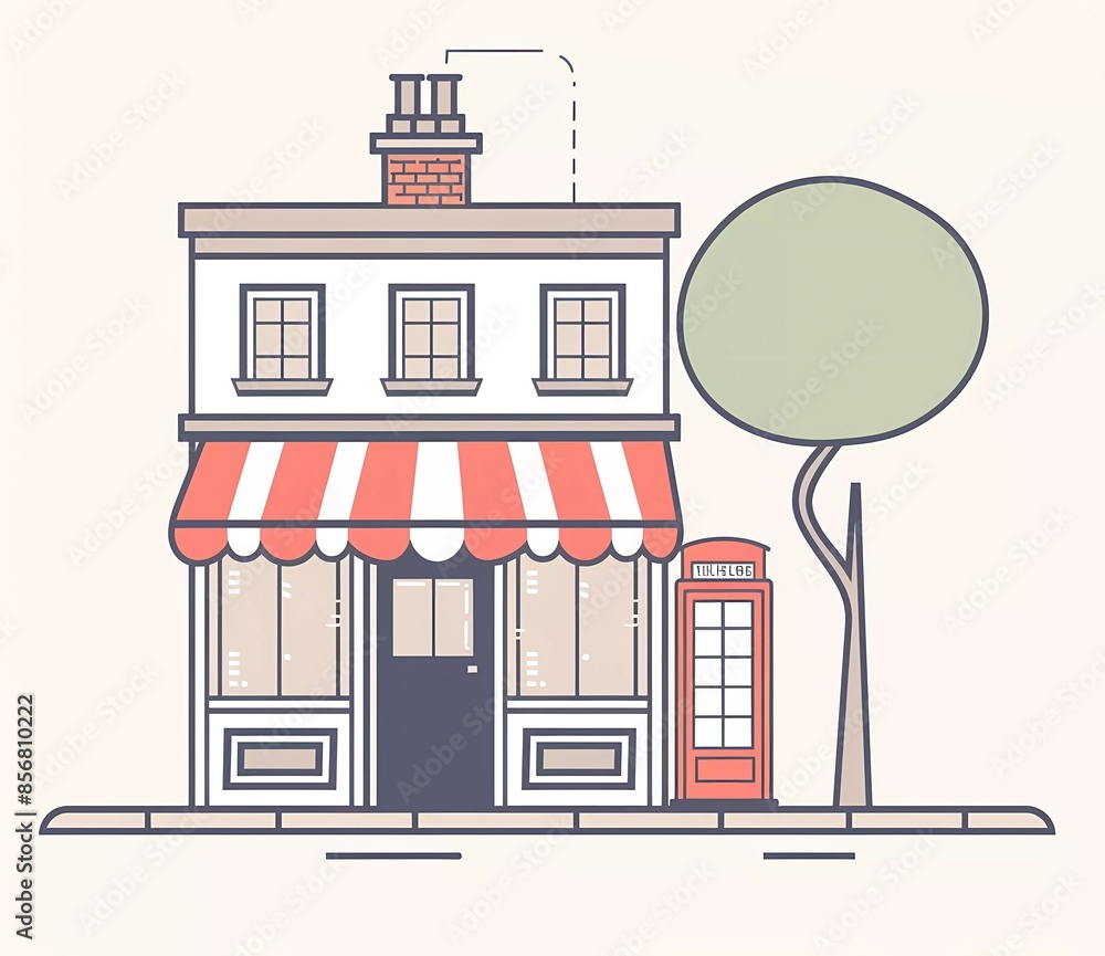 modern line art vector of small shop front with awning and red ...