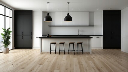 Wall Mural - Interior home of black modern kitchen set with hardwood floor