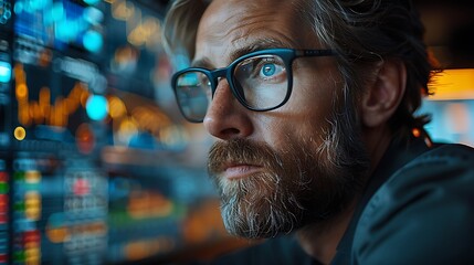 Wall Mural - A photographic style of a financial analyst examining stock market trends on a large monitor, high-tech modern office, balanced lighting, serious expression, ergonomic setup.