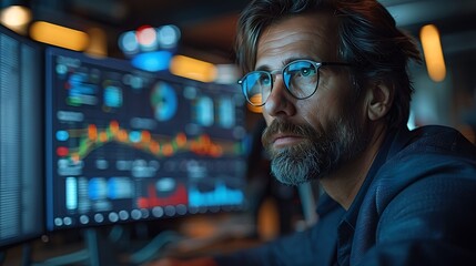 Wall Mural - A photographic style of a financial analyst examining stock market trends on a large monitor, modern office setting, focused expression, multiple charts and graphs displayed, bright daylight through l