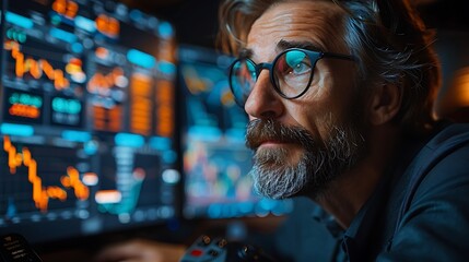 Wall Mural - A photographic style of a financial analyst examining stock market trends on a large monitor, stylish modern office, diffused light, focused demeanor, sleek desk with digital gadgets.