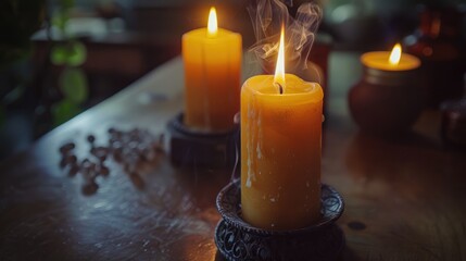 Powerful Magic Candle Flames on the Altar in Pagan and Wicca Traditions