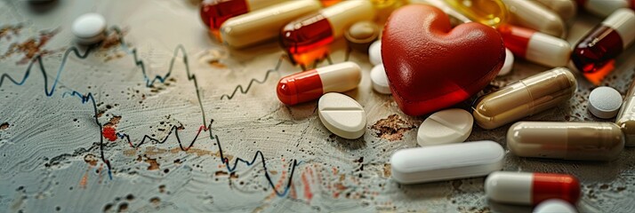 Poster - A close-up view of various heart medications, including pills and capsules, arranged on a surface alongside a heart rate monitor. Generative AI