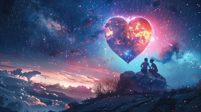 A heart-shaped sky with stars, the silhouette of two lovers sitting on top of a mountain in front of it, in the digital art style, cartoon characters