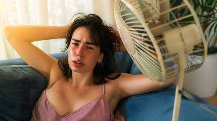 Wall Mural - Stressed woman seating at home in front of a fan, looking uncomfortable as she tries to beat the summer heat