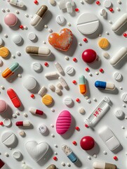 Poster - A close-up image featuring a variety of heart medications, including pills, capsules, and a heart rate monitor, arranged on a clean white surface. Generative AI