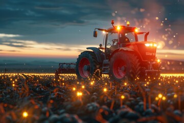 Experience the integration of technology and farming practices in studio isolate shots featuring a tractor working in fields with AI technology lights.