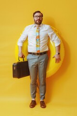 Wall Mural - A man stands in front of a bright yellow wall holding a suitcase, ready to go