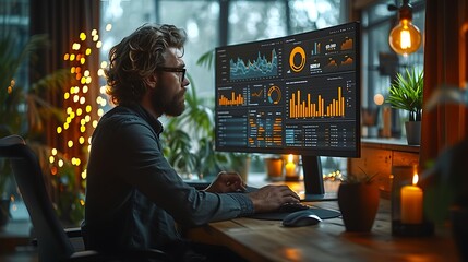 Wall Mural - A photographic style of a financial analyst reviewing charts and graphs on a computer screen, spacious modern office, daylight from floor-to-ceiling windows, professional look, financial tools on desk