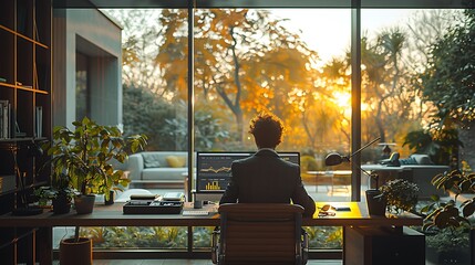 Wall Mural - A photographic style of a financial analyst reviewing charts and graphs on a computer screen, spacious modern office, daylight from floor-to-ceiling windows, professional look, financial tools on desk