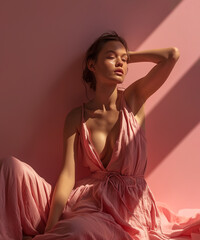 Wall Mural - Young woman wearing pink dress and sitting on bed