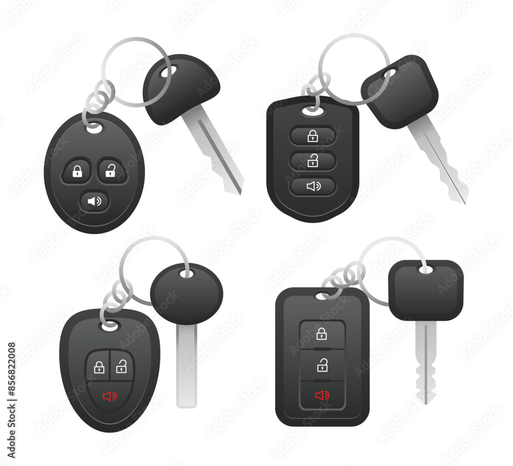 Set of realistic car key collection, modern automobile key and alarm ...