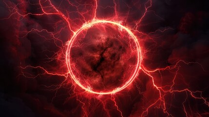 Wall Mural - A red circle with lightning bolts surrounding it on dark background