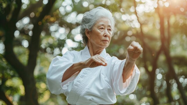 Senior Woman Practicing Traditional Japanese Martial Art Taido in a Park: Embracing Culture and Physical Fitness in Nature

