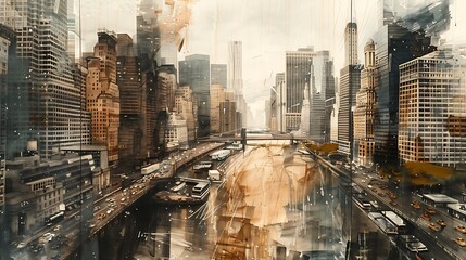 Wall Mural - Crayon drawing of a bustling cityscape with skyscrapers and traffic on a sheet of paper, displayed on a stand, reflecting urban life.
