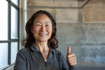 Wall Mural - Portrait of a happy asian woman in her 50s showing a thumb up in empty modern loft background