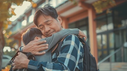 A father hugs his son goodbye on a city street