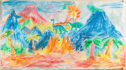 Wall Mural - Crayon sketch of a prehistoric world with dinosaurs and volcanoes on a sheet of paper, displayed on a stand, igniting curiosity and adventure.