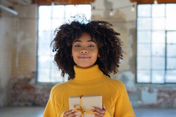 Wall Mural - Portrait of a cheerful afro-american woman in her 20s holding a gift in empty modern loft background