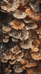 Closeup of brown and orange shelf fungi growing on a tree