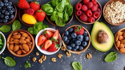 Assortment of healthy foods in bowls image. Strawberries, blueberries, almonds, avocado and leafy greens photography wallpaper. Nutritious balanced diet concept photorealistic photo