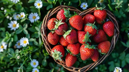 Flat lay of Heart basket with strawberries on the grass