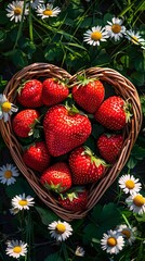 Wall Mural - Flat lay of Heart basket with strawberries on the grass