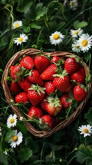 Wall Mural - Heart basket with strawberries on the grass