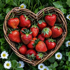 Canvas Print - top view of heart basket with strawberries 