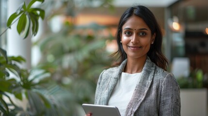 Wall Mural - Smiling asin woman with tablet in office image copy space. Confident indian female leader banner background blurred. Business company leadership concept photography copyspace