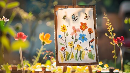 Wall Mural - Hand-drawn picture of a smiling flower garden with butterflies on a piece of paper, displayed on a stand, radiating joy and innocence.