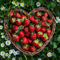 Wall Mural - Heart basket with strawberries on the grass