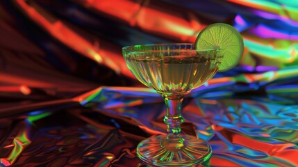 Poster - A futuristic hologram of a cocktail with a lime wedge, displaying a vibrant, glowing drink in a virtual 3D projection